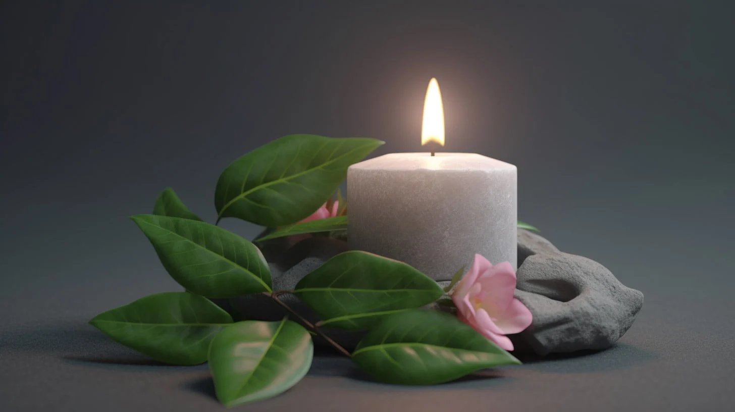 En lysande ljus dekorerad med gröna blad och en rosa blomma på en sten.