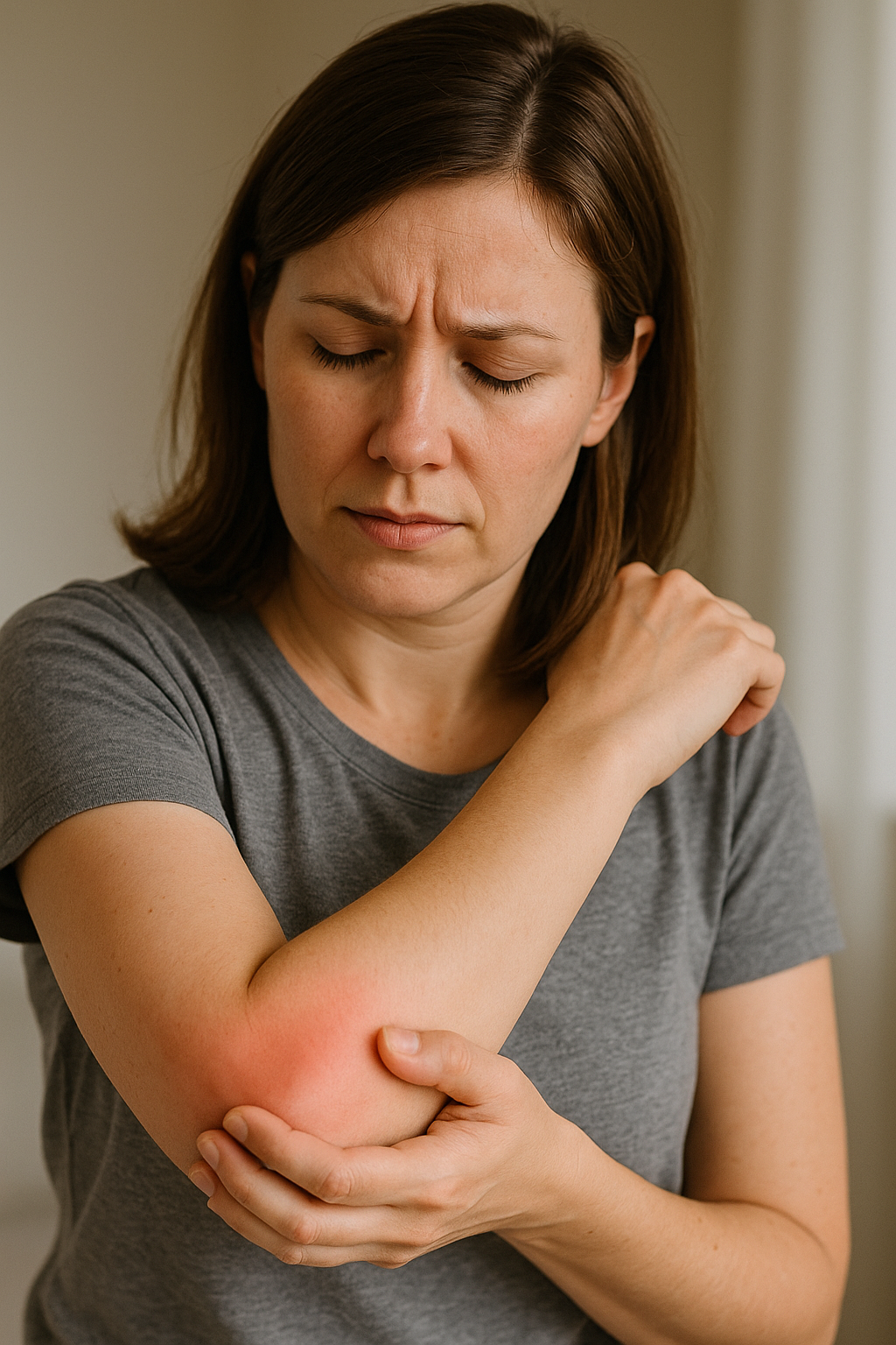 Kvinna håller sig för armbågen och ser ut att ha smärta, symbol för ledvärk och inflammation.