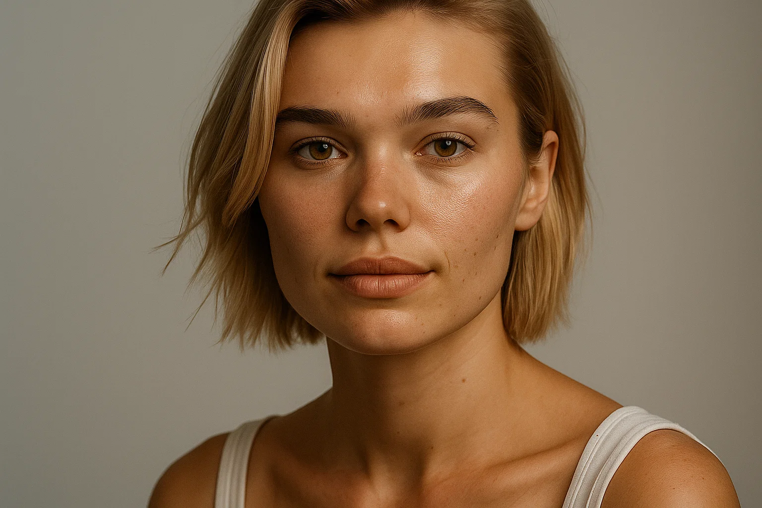 Porträtt av en ung kvinna med blondt hår och bruna ögon.