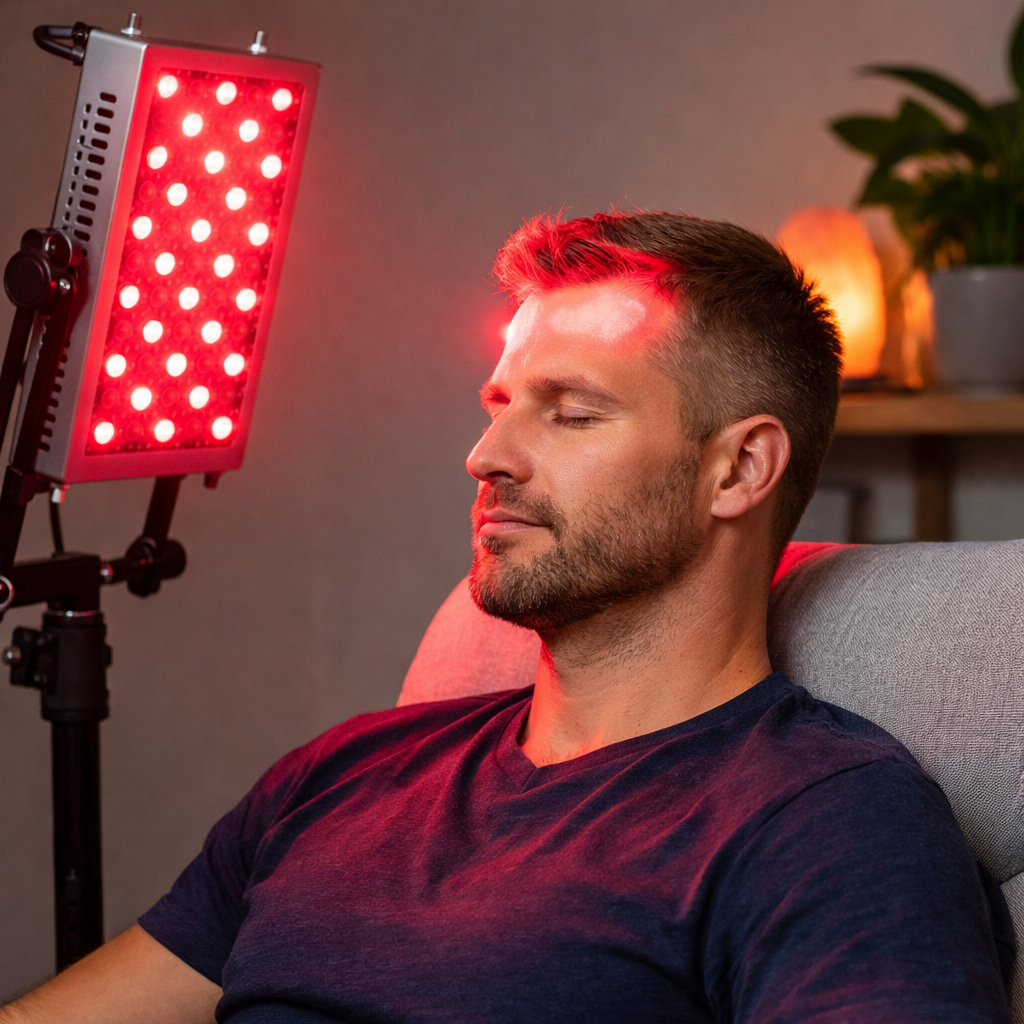 Man som använder rödljusterapi lampa mot pannan för mental energi och fokus